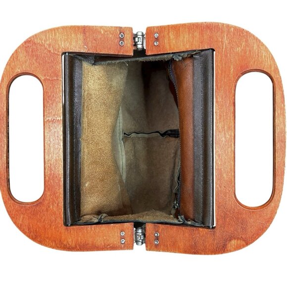 Vtg 70s Retro Preppy Brown Leather Bermuda Handbag Double Wood Handles Tadora - Picture 7 of 10